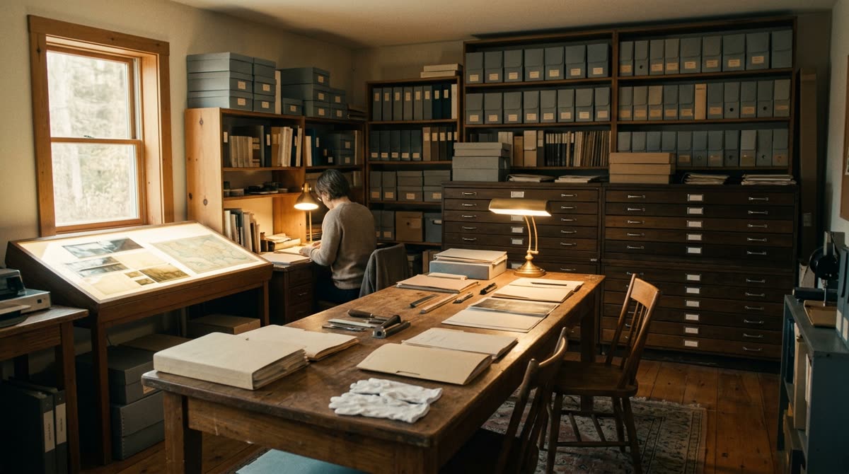 Archive workroom with long tables, flat-file drawers, storage boxes and a glowing light table.
