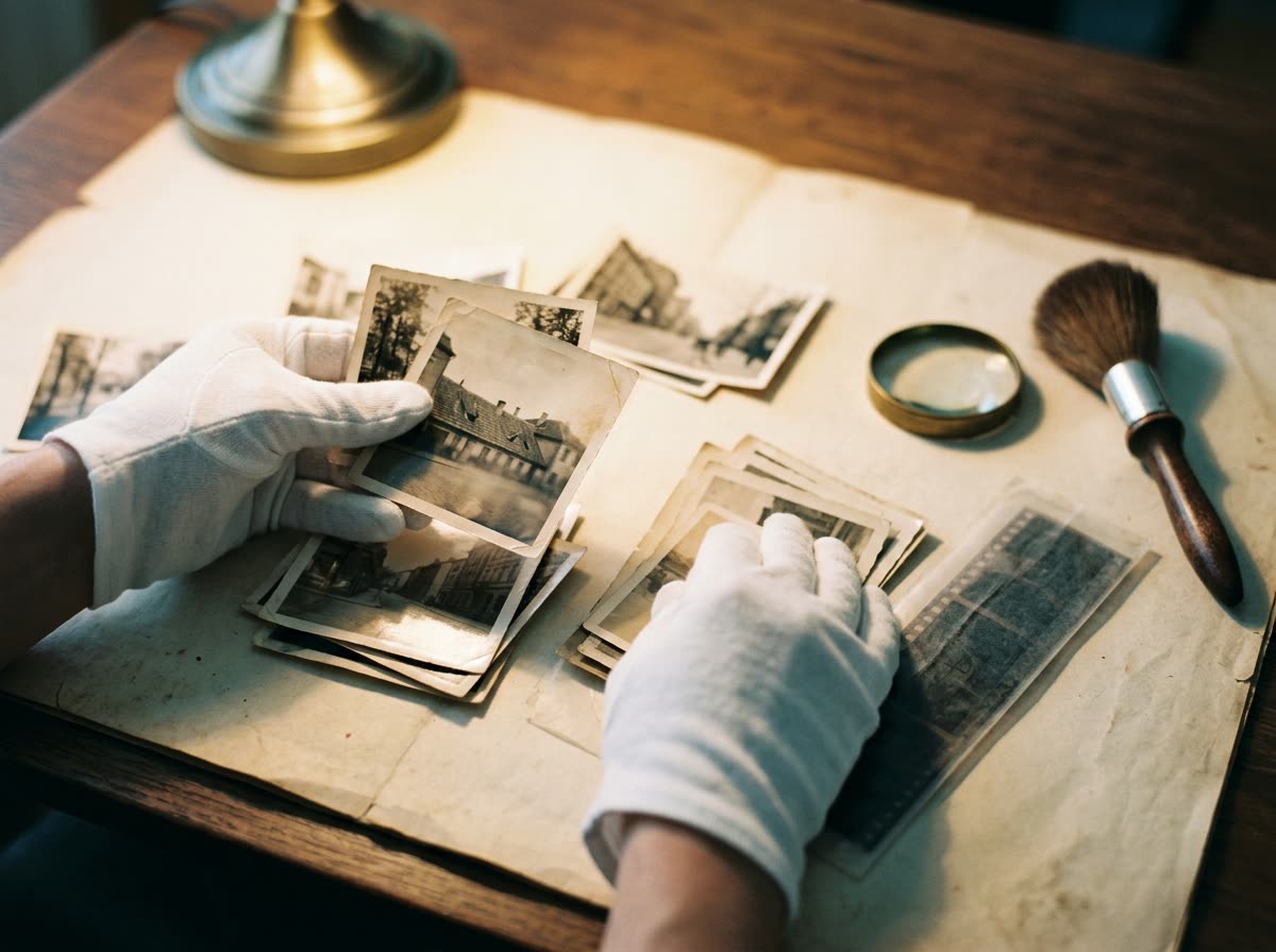 Gloved hands sorting faded snapshots and a strip of negatives beside a magnifying loupe.