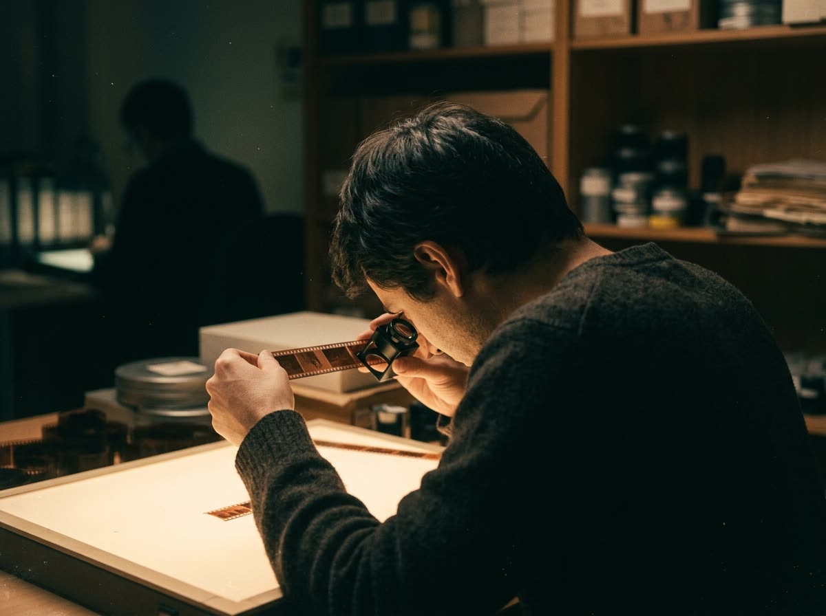 Person seen from behind leaning over a lit light table, holding film up with a loupe.