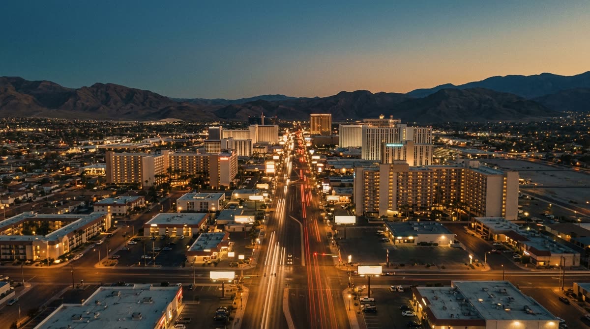 Dusk aerial view of a long boulevard through a desert city lined with lit resort towers.