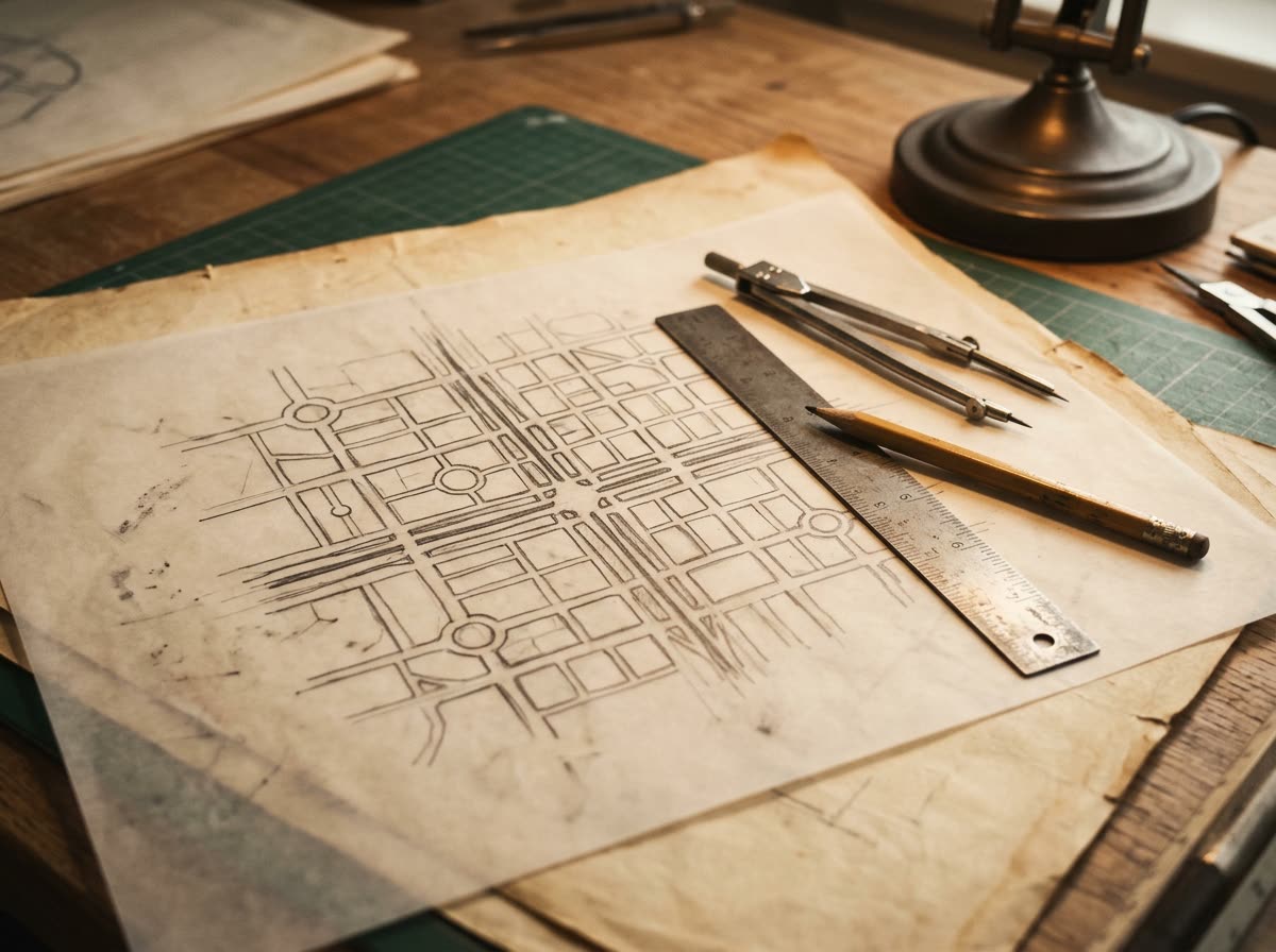 Pencil street diagram on tracing paper over an older sheet, with a ruler and dividers.