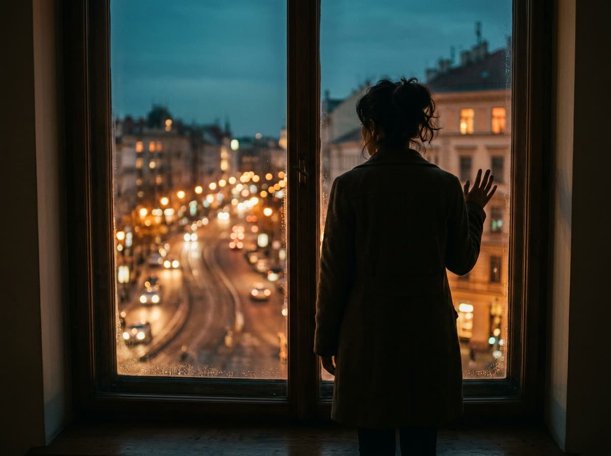 Silhouetted person seen from behind at a window overlooking a lit boulevard at dusk.