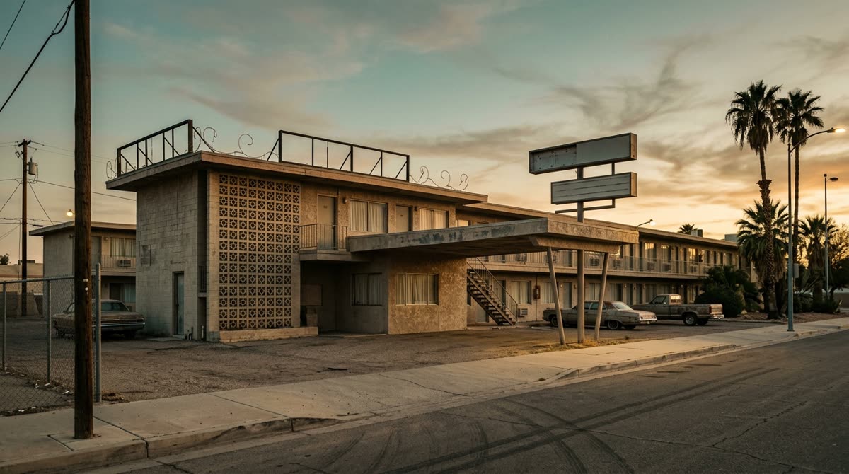 Weathered mid-century hotel exterior at dusk with a concrete canopy and unlit neon tubing.