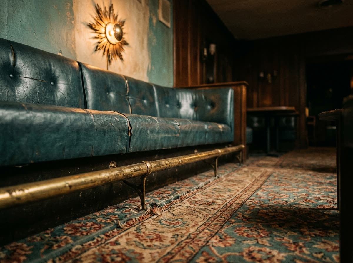 Worn patterned carpet, brass rail and cracked vinyl banquette lit by a starburst sconce.