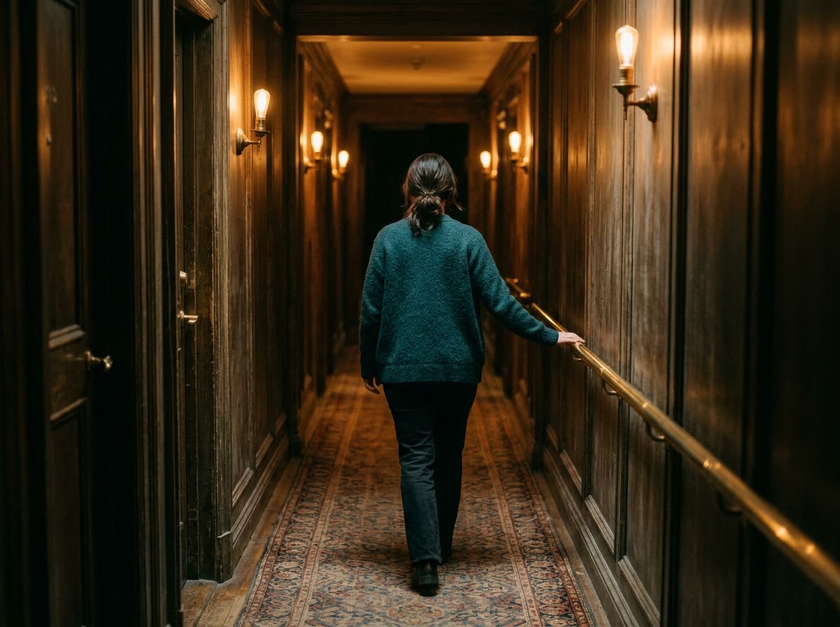 Person walking away down a dim wood-panelled corridor lined with vintage wall sconces.
