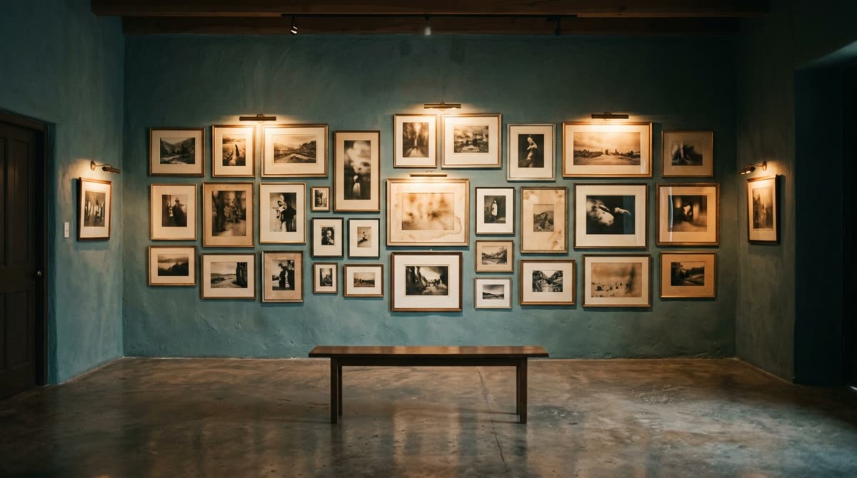 Dim gallery wall hung salon-style with framed prints above a low wooden bench.