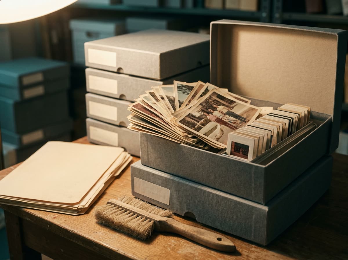 Open archival box on a table with a fan of faded snapshots and mounted slides beside it.