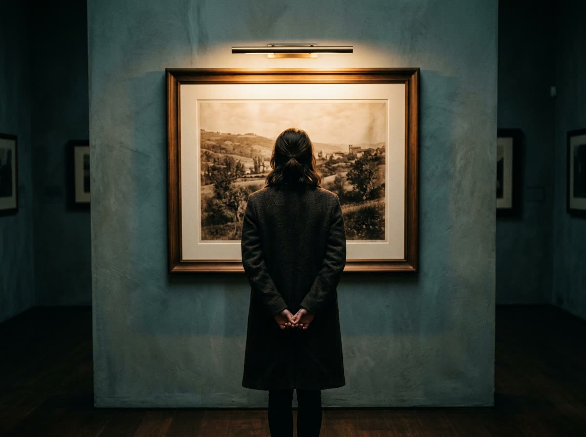 Visitor silhouetted from behind standing close to a large framed print on a gallery wall.