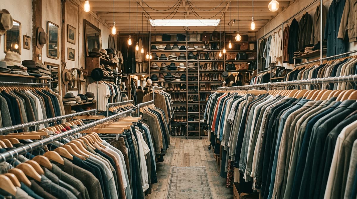 Crowded vintage shop interior with packed clothing rails and a back wall of hats and boots.