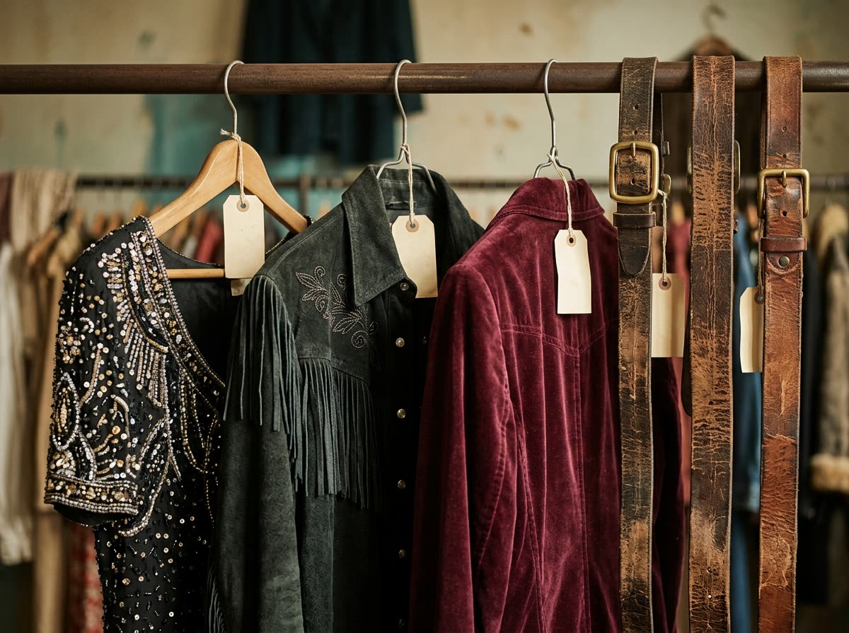 Close view of a sequined dress, fringed shirt and leather belts hanging on a garment rail.