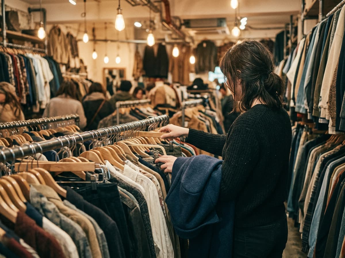 Shopper seen from behind sliding hangers along a crowded rail with a garment over one arm.
